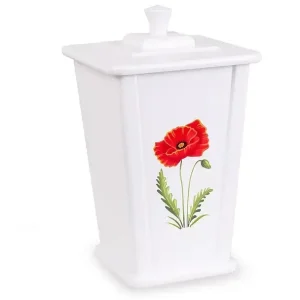 Vit, rektangulär keramikbehållare med monterat lock, med en röd vallmoblomma och gröna blad målade på framsidan.